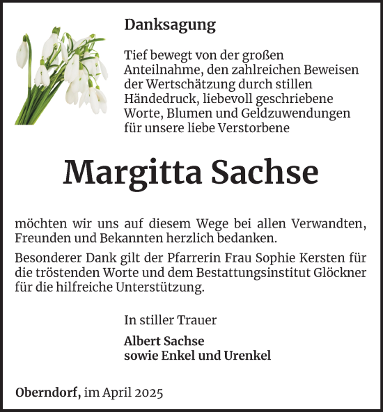 Traueranzeige von Margitta Sachse von Ostthüringer Zeitung