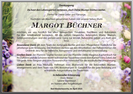 Traueranzeige von Margot Büchner von Ostthüringer Zeitung