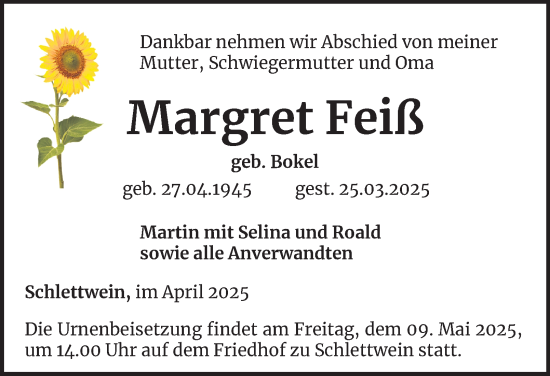 Traueranzeige von Margret Feiß von Ostthüringer Zeitung