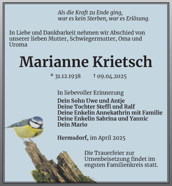 Traueranzeige von Marianne Krietsch von Ostthüringer Zeitung