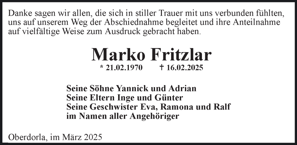  Traueranzeige für Marko Fritzlar vom 05.04.2025 aus Thüringer Allgemeine, Thüringische Landeszeitung
