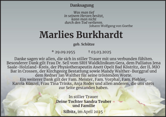 Traueranzeige von Marlies Burkhardt