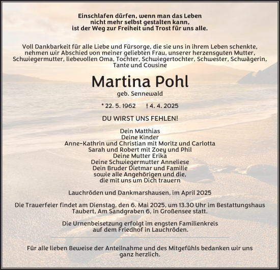 Traueranzeige von Martina Pohl von Thüringer Allgemeine, Thüringische Landeszeitung