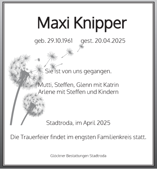 Traueranzeige von Maxi Knipper von Ostthüringer Zeitung