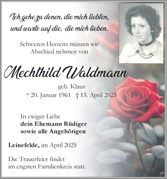 Traueranzeige von Mechthild Waldmann von Thüringer Allgemeine