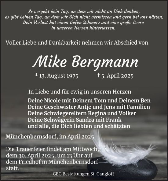 Traueranzeige von Mike Bergmann von Ostthüringer Zeitung