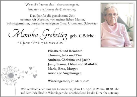 Traueranzeige von Monika Grobstieg von Thüringer Allgemeine