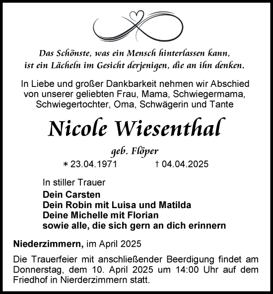 Traueranzeige von Nicole Wiesenthal von Thüringer Allgemeine, Thüringische Landeszeitung