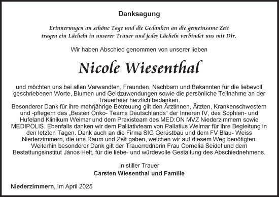Traueranzeige von Nicole Wiesenthal von Thüringer Allgemeine, Thüringische Landeszeitung