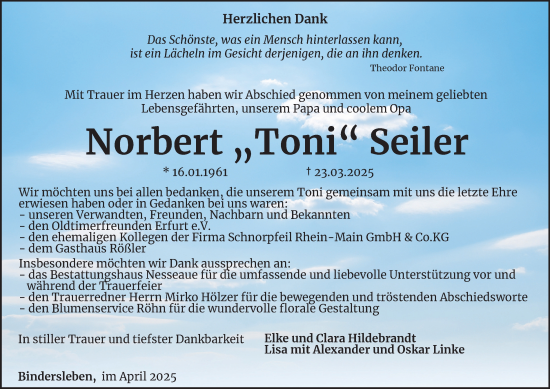 Traueranzeige von Norbert Seiler von Thüringer Allgemeine, Thüringische Landeszeitung