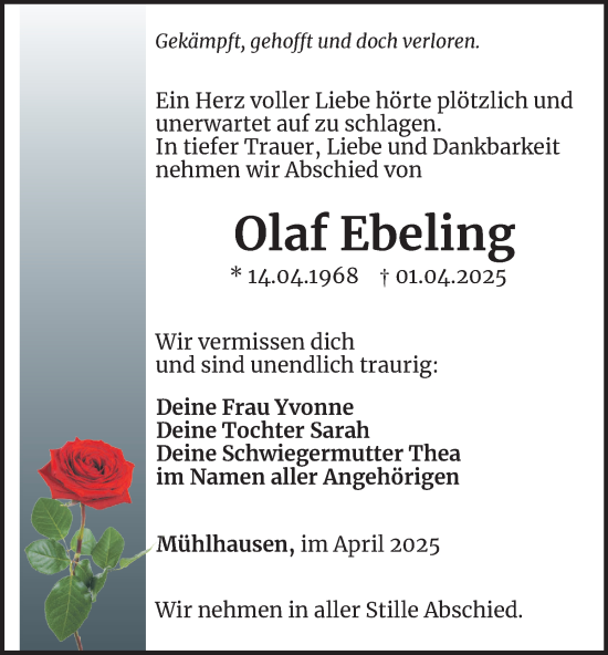 Traueranzeige von Olaf Ebeling von Thüringer Allgemeine, Thüringische Landeszeitung