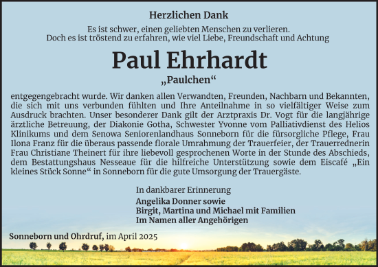 Traueranzeige von Paul Ehrhardt von Thüringer Allgemeine, Thüringische Landeszeitung
