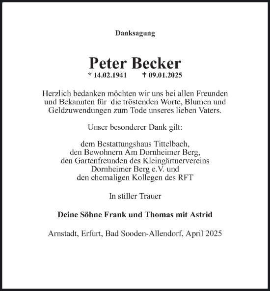 Traueranzeige von Peter Becker von Thüringer Allgemeine