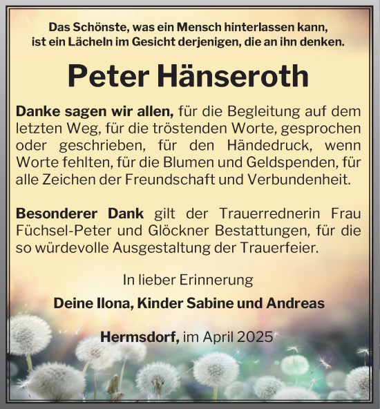 Traueranzeige von Peter Hänseroth von Ostthüringer Zeitung