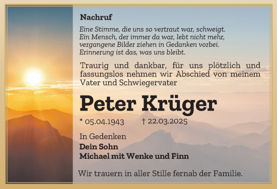 Traueranzeige von Peter Krüger von Ostthüringer Zeitung