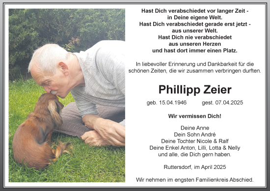Traueranzeige von Phillipp Zeier von Ostthüringer Zeitung