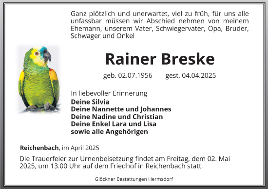 Traueranzeige von Rainer Breske von Ostthüringer Zeitung