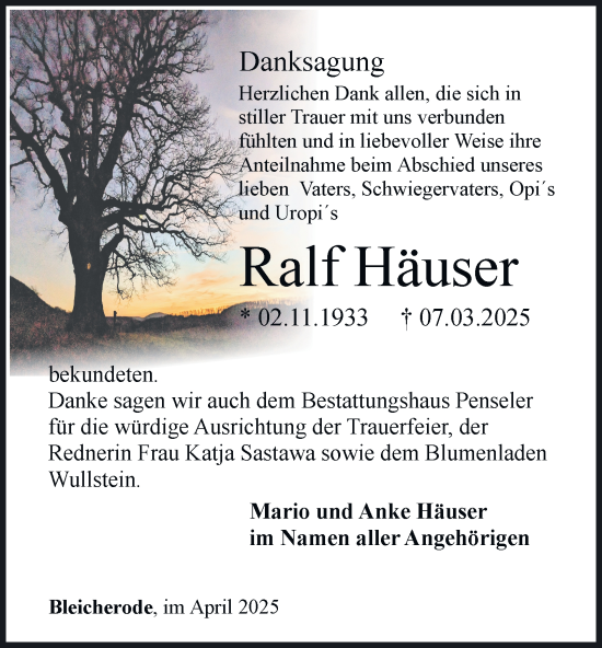 Traueranzeige von Ralf Häuser von Thüringer Allgemeine