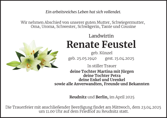 Traueranzeige von Renate Feustel