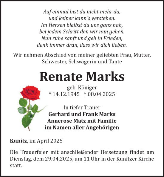 Traueranzeige von Renate Marks von Ostthüringer Zeitung, Thüringische Landeszeitung