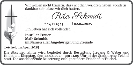 Traueranzeige von Rita Schmidt von Ostthüringer Zeitung