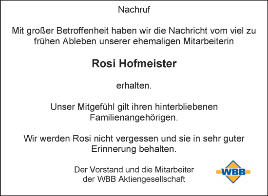 Traueranzeige von Rosi Hofmeister von Thüringer Allgemeine, Thüringische Landeszeitung