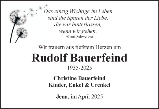 Traueranzeige von Rudolf Bauerfeind von Ostthüringer Zeitung, Thüringische Landeszeitung