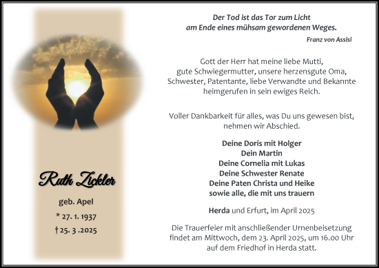 Traueranzeige von Ruth Zickler von Thüringer Allgemeine, Thüringische Landeszeitung
