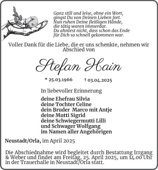 Traueranzeige von Stefan Hain von Ostthüringer Zeitung