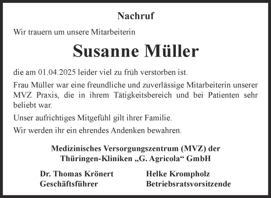 Traueranzeige von Susanne Müller von Ostthüringer Zeitung
