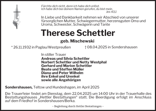Traueranzeige von Therese Schettler von Thüringer Allgemeine