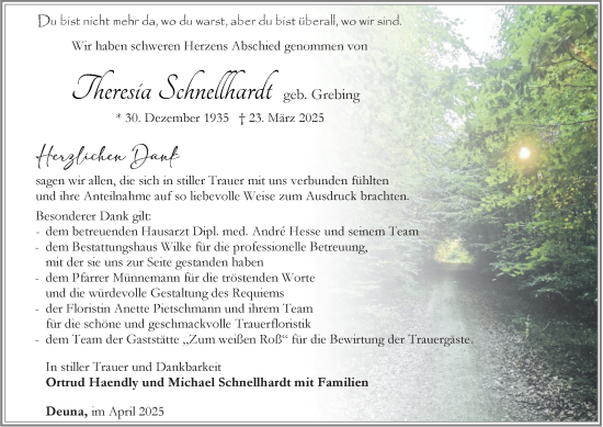 Traueranzeige von Theresia Schnellhardt von Thüringer Allgemeine