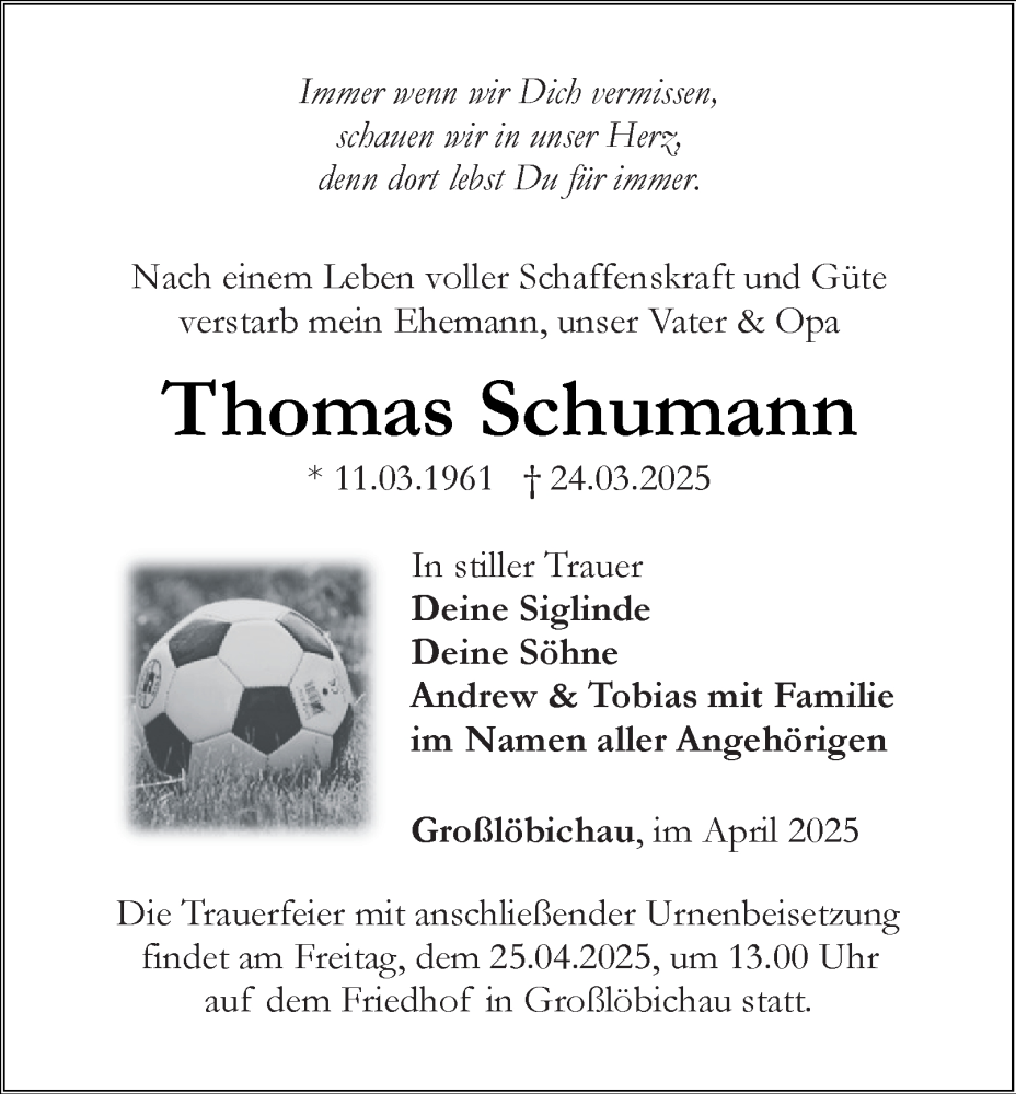  Traueranzeige für Thomas Schumann vom 05.04.2025 aus Ostthüringer Zeitung, Thüringische Landeszeitung