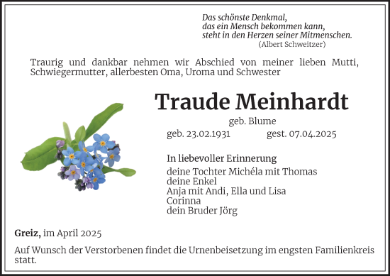 Traueranzeige von Traude Meinhardt von Ostthüringer Zeitung