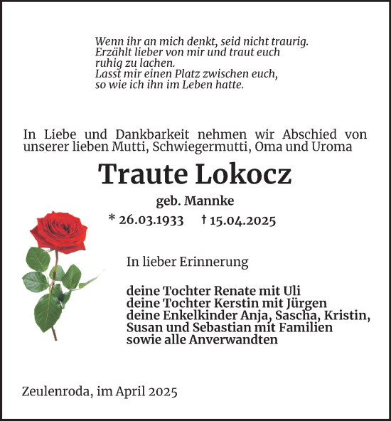 Traueranzeige von Traute Lokocz von Ostthüringer Zeitung