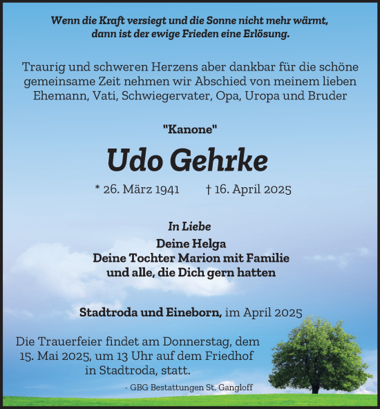 Traueranzeige von Udo Gehrke von Ostthüringer Zeitung