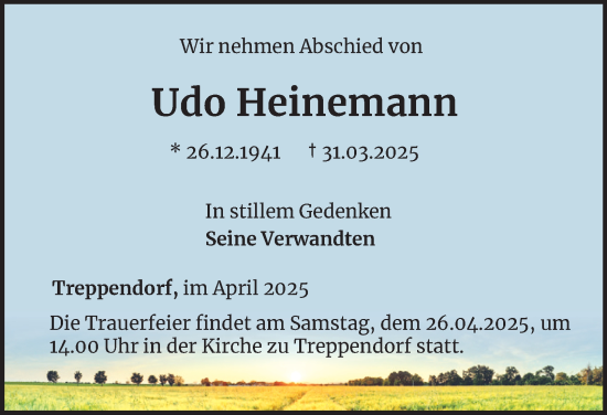 Traueranzeige von Udo Heinemann von Ostthüringer Zeitung
