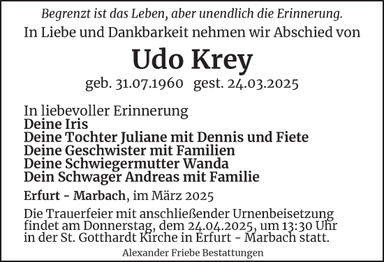 Traueranzeige von Udo Krey von Thüringer Allgemeine, Thüringische Landeszeitung