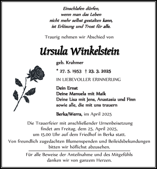 Traueranzeige von Ursula Winkelstein von Thüringer Allgemeine, Thüringische Landeszeitung