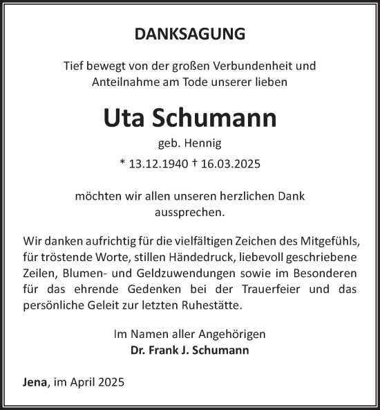 Traueranzeige von Uta Schumann von Ostthüringer Zeitung, Thüringische Landeszeitung