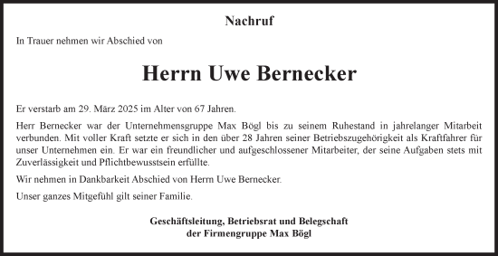 Traueranzeige von Uwe Bernecker von Ostthüringer Zeitung