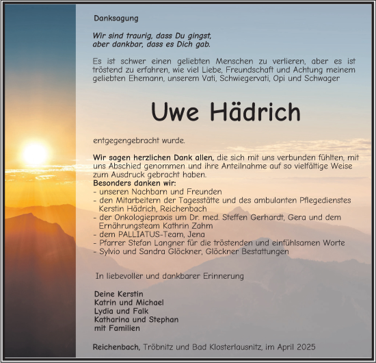 Traueranzeige von Uwe Hädrich von Ostthüringer Zeitung