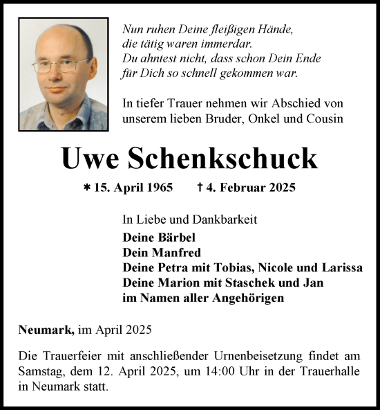 Traueranzeige von Uwe Schenkschuck von Thüringer Allgemeine, Thüringische Landeszeitung