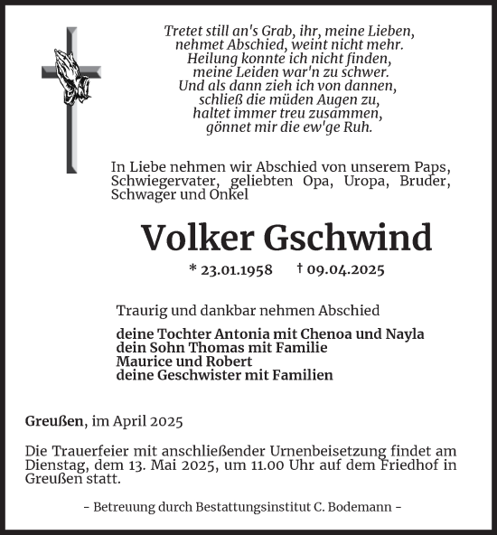 Traueranzeige von Volker Gschwind von Thüringer Allgemeine