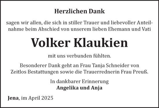 Traueranzeige von Volker Klaukien von Ostthüringer Zeitung