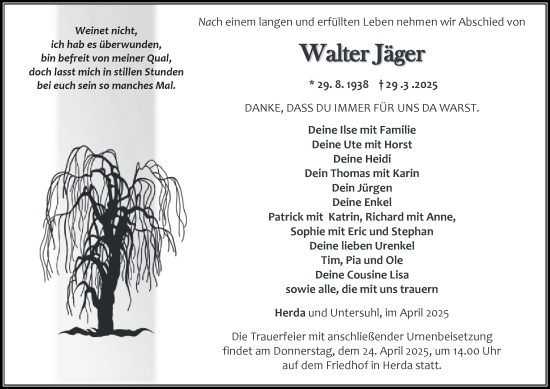 Traueranzeige von Walter Jäger von Thüringer Allgemeine, Thüringische Landeszeitung