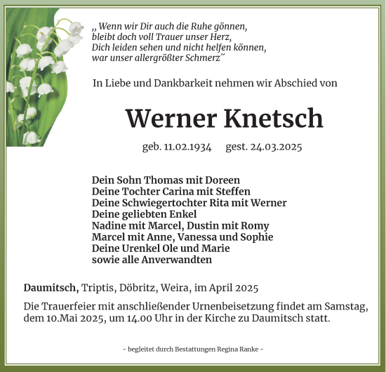 Traueranzeige von Werner Knetsch von Ostthüringer Zeitung
