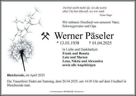 Traueranzeige von Werner Päseler von Thüringer Allgemeine