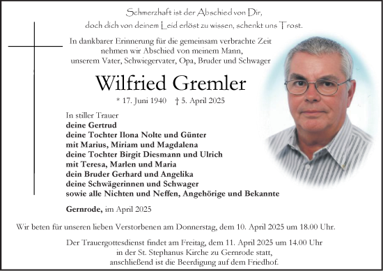 Traueranzeige von Wilfried Gremler von Thüringer Allgemeine