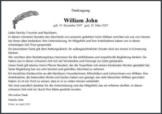 Traueranzeige von William John von Thüringer Allgemeine, Thüringische Landeszeitung